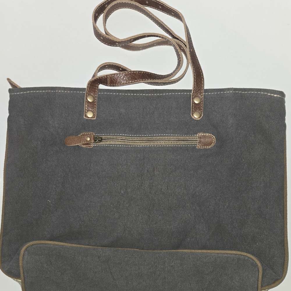 MYRA Bicycle Print Canvas/ Leather Tote Bag S-0935 18" X 13"  12"handles - Picture 7 of 15